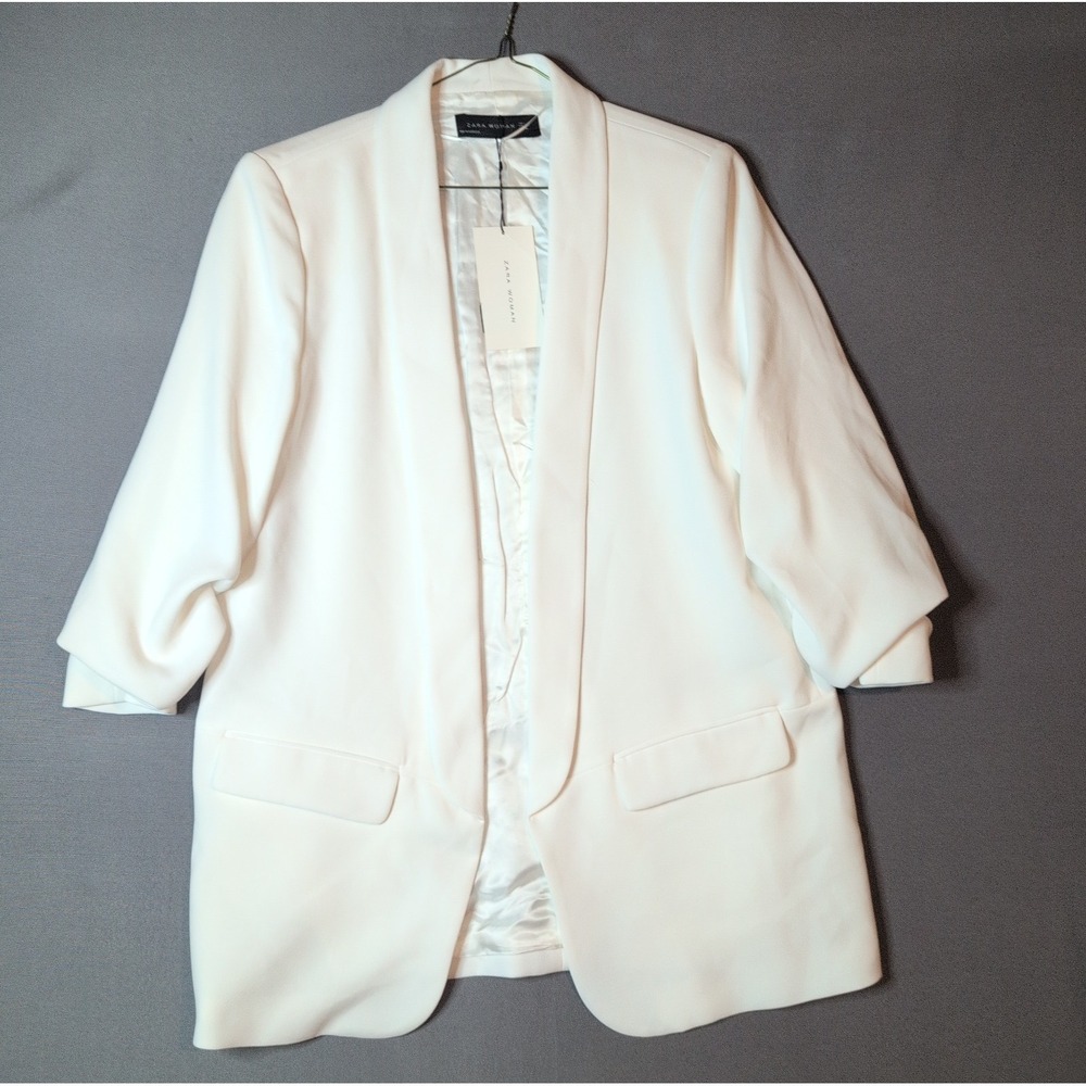 Zara Women Winter White 3/4 Sleeve Open Front Blazer Jacket Size L 2789/778/712